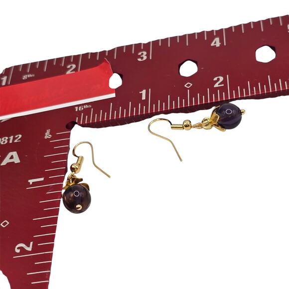 Amethyst Pierced Earrings Bead Dangle Drop Gold Tone 8mm Purple SKU 2807 - Picture 2 of 4